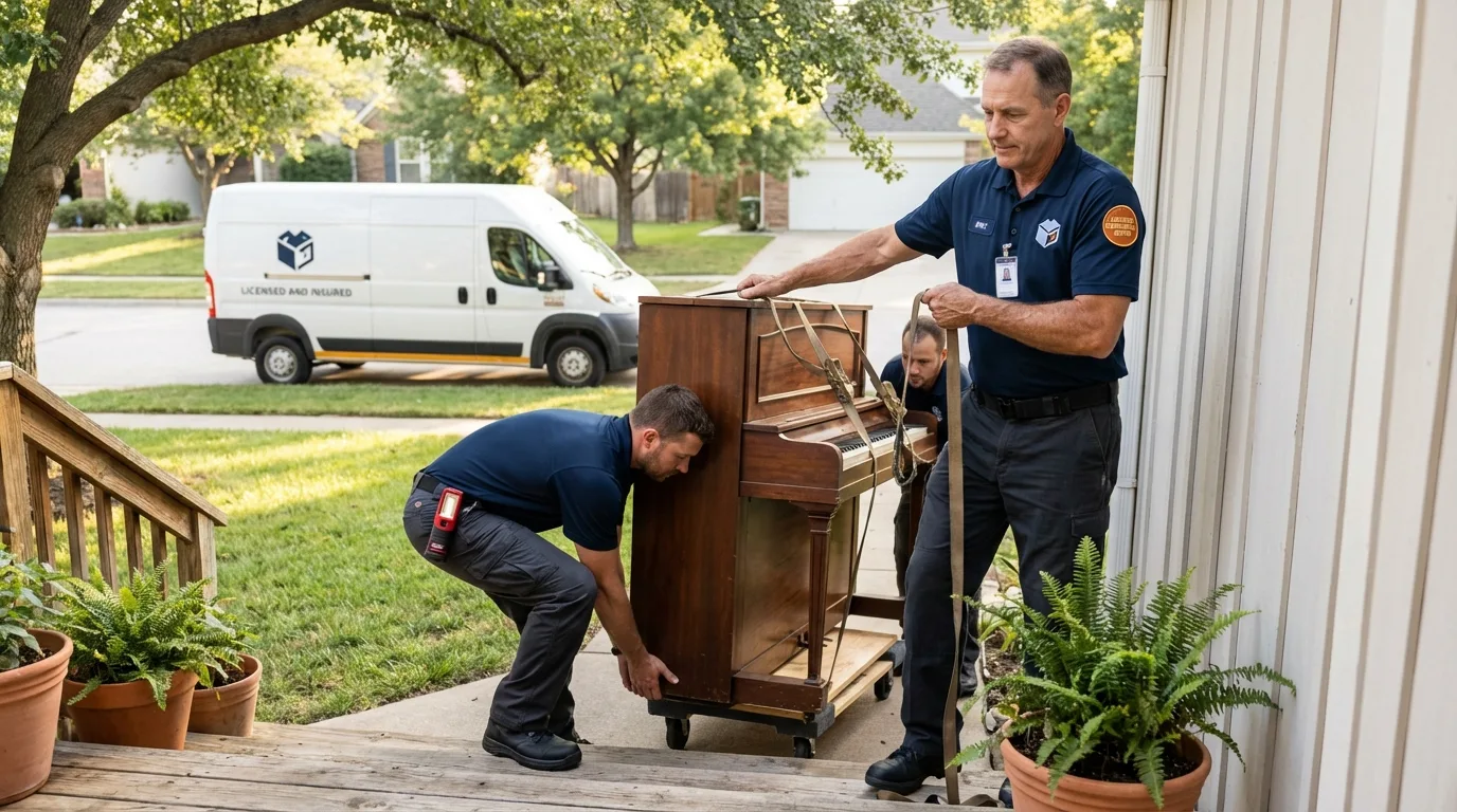 Licensed piano movers securing grand piano in Adrian, MO