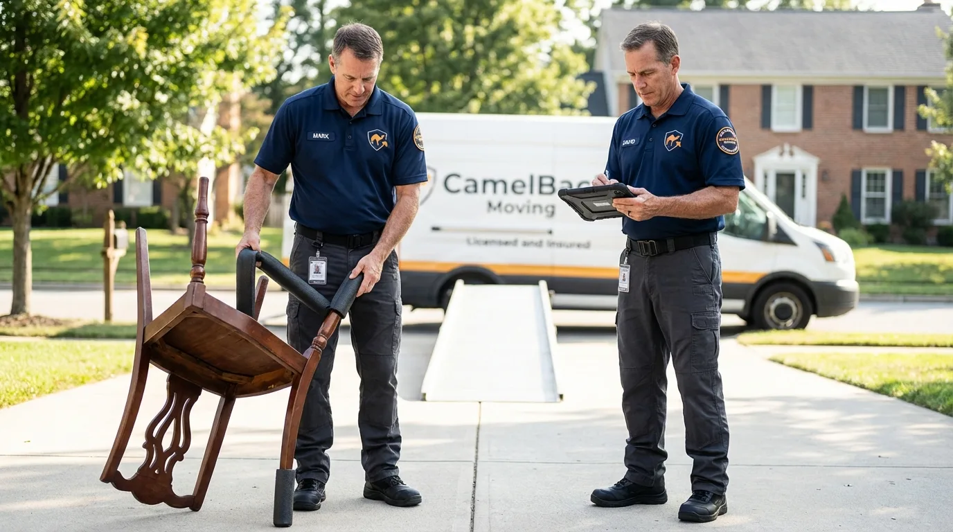 Movers inspecting furniture for damage prevention before loading in Adrian, MO