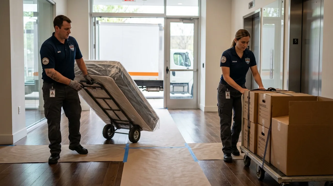 Professional apartment movers loading elevator in Adrian, MO